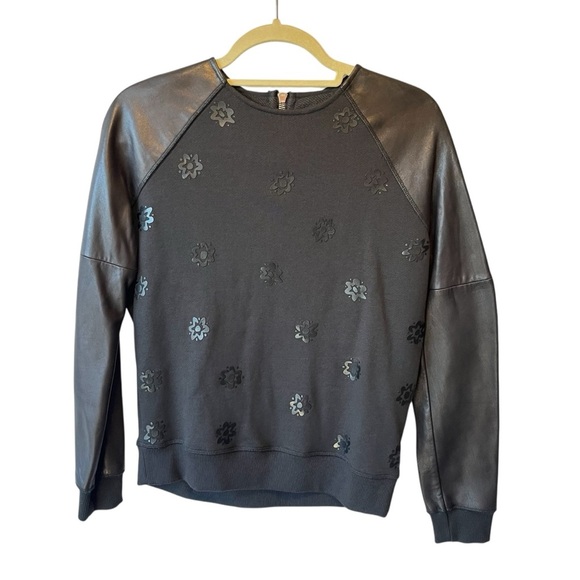 rag & bone Tops - Rag and Bone Lamb leather sweatshirt XXS Black Flowers Womens Crewneck Pullover